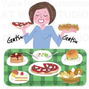 イラストレーターはらゆうこの描いた女性の暴飲暴食のイラスト