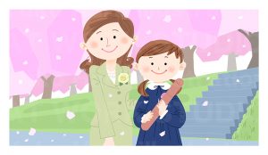 家族,親子,カップルイラスト|卒業式の日の記念写真|卒業式の後の母と娘