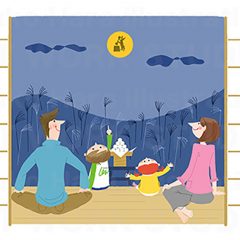 はらゆうこのイラスト作品『お月見する家族』